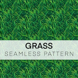 Könnte beinhalten: Ein nahtloses Muster aus üppigem, grünem Gras. Das Bild zeigt eine dichte, realistische Darstellung von Grashalmen mit verschiedenen Grüntönen. Der Text "GRASS SEAMLESS PATTERN" wird auf einem weißen Banner angezeigt.