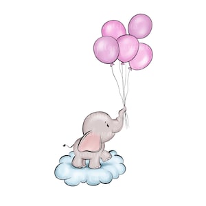Elephant Clipart, Elephant Baby Shower, Elephant on a Cloud, Balloons PNG, Baby Shower Girl, Digital Download