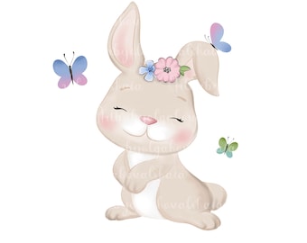 May include: A cute cartoon bunny with closed eyes and a flower crown. The bunny is light brown with pink cheeks and a white belly. There are three butterflies flying around the bunny, one blue, one purple, and one green.