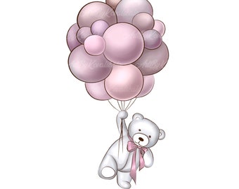 Teddy Bear Clipart PNG, Pink Balloons, Baby Shower Girl, Digital ...