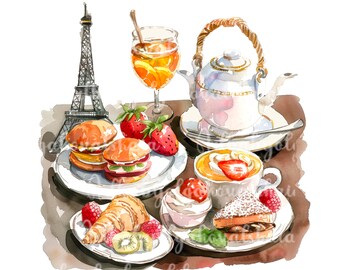 Parisian Cafe Clipart: Coffee, Croissant, Tea (Digital Download)