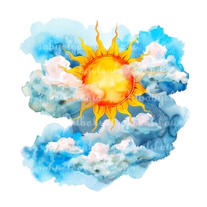 Watercolor Sun PNG Clipart, Clouds Clip art, DIGITAL DOWNLOAD