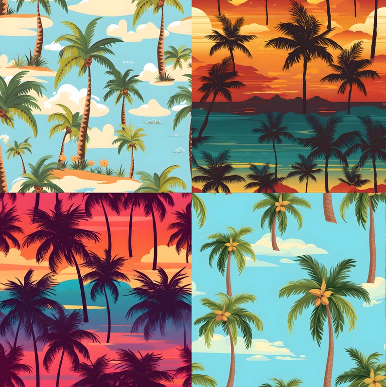 10 Tropical Digital Paper, Beach, Palm Tree Seamless Pattern Bundle ...