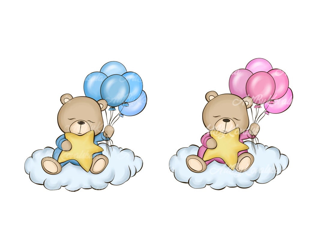 Teddy Bear Clipart, Bear on the Cloud PNG, Baby Shower, Digital ...