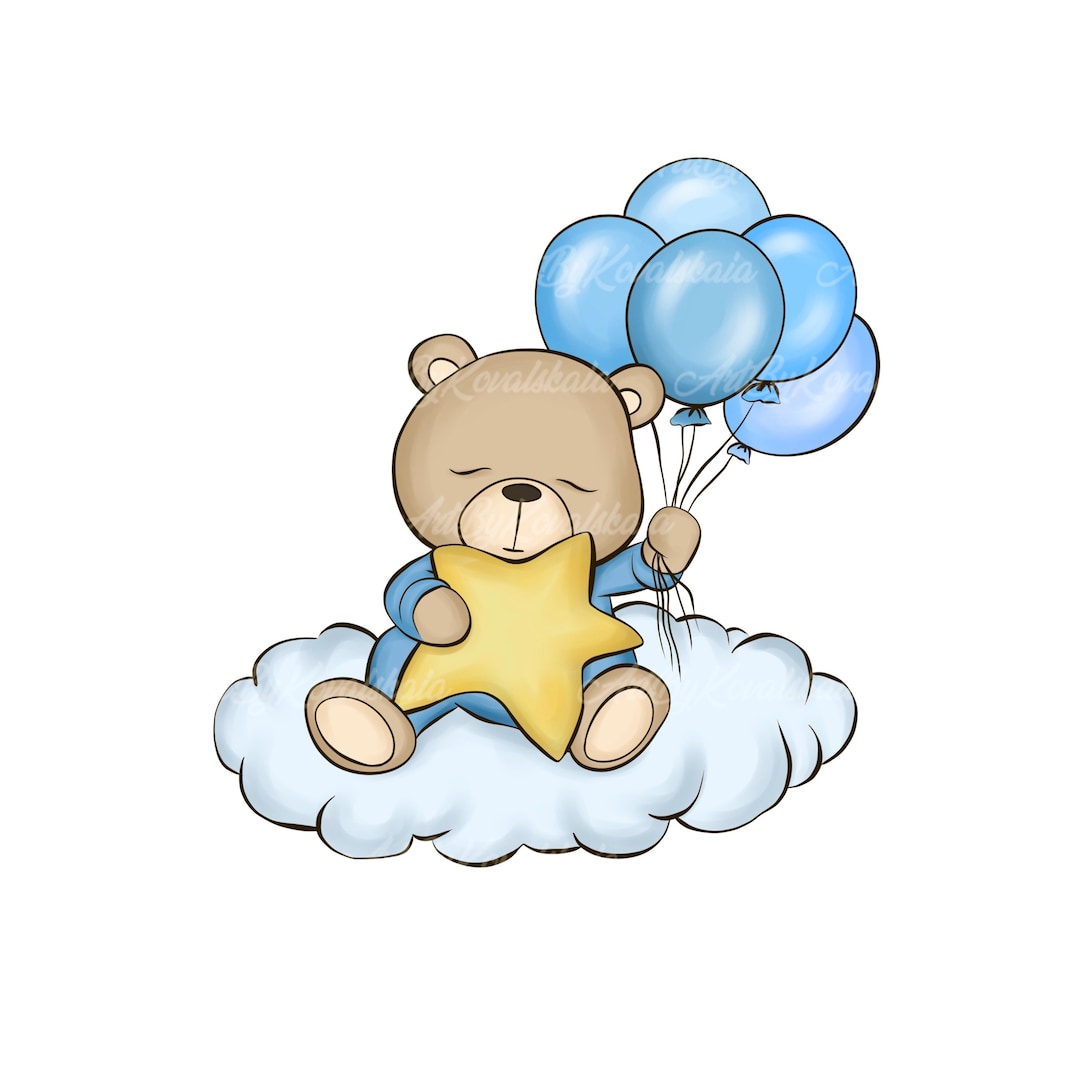 Teddy Bear Clipart, Bear on the Cloud PNG, Baby Shower, Digital ...