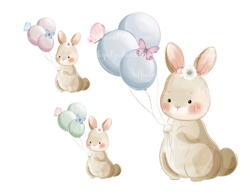 May include: Three watercolor illustrations of bunnies holding balloons. The bunnies are brown with pink noses and have flower crowns. The balloons are blue, green, and pink. There are butterflies in the image.