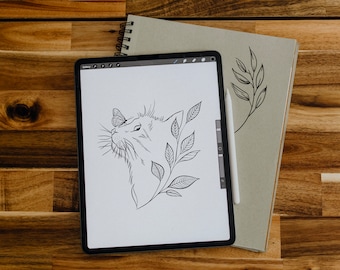 Cat Tattoo Design: Butterfly & Botanical Line Art (Digital Download)