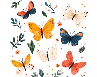 May include: A white background with a colourful illustration of butterflies and floral elements. The butterflies are in various colours, including orange, blue, white, and red. The flowers are in shades of pink and orange.
