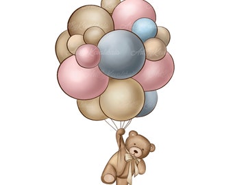 May include: A brown teddy bear holding onto a bunch of balloons. The balloons are pink, beige, and blue.