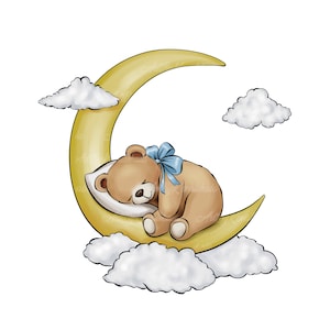 Imágenes Prediseñadas de oso de peluche, oso de peluche durmiendo en la luna, oso PNG, Baby Shower Boy, descarga digital