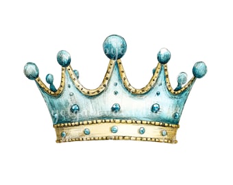 May include: A blue and gold crown with a pointed top and a row of gold beads around the base.