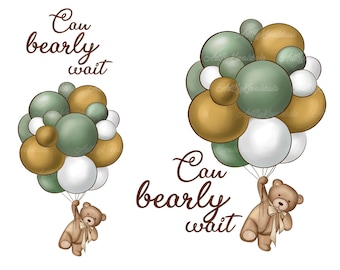 Teddy Bear Clipart, Can Bearly Wait, PNG, Baby Shower, Digital Download, Commercial Use