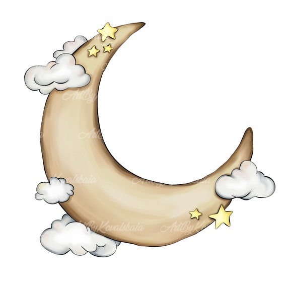 Moon PNG, Moon Clipart, Moon, Clouds and Stars, Digital Download