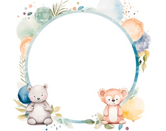 Floral Wreath PNG, Watercolor Frame, Teddy Bear, Baby Shower Frame, Digital Download