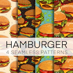 Könnte beinhalten: Vier nahtlose Muster mit Cartoon-Illustrationen von Hamburgern mit Sesambrötchen, Salat, Tomate, Käse und Fleisch. Die Muster sind auf verschiedenen Hintergründen: Gelb, Schwarz, Blau und Weiß.
