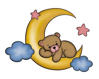 Clipart PNG di orsacchiotto sulla luna: Baby Shower (download digitale)