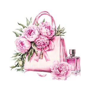 Watercolor Fashion Illustration, Peonies, Purse Clip art PNG, Fashion Accessories, DIGITAL DOWNLOAD