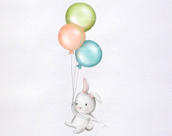 Watercolor Bunny Clipart, Balloons, Cute Rabbit PNG (Digital Download)