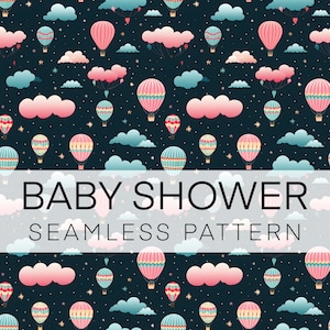 Nursery Boy Baby Shower Digital Paper, Baby Seamless Pattern Clouds, Air Balloon, Instant Download