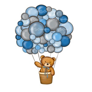 May include: A brown teddy bear in a woven basket, suspended beneath a cluster of blue and gray balloons. The bear has a blue bow tie and is waving. The balloons are in various shades of blue and gray, with a white background.