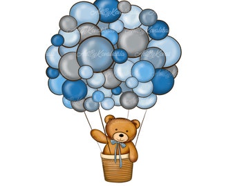 Teddy Bear Clipart, PNG, Baby Shower Boy, Air Balloon PNG, Digital Download