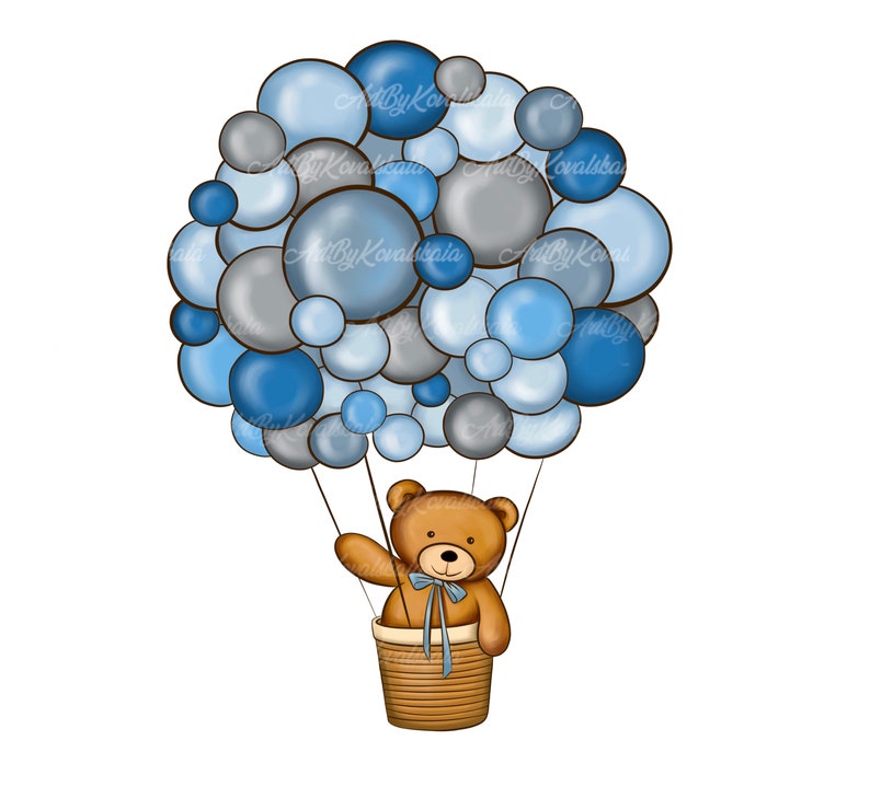 May include: A brown teddy bear in a woven basket, suspended beneath a cluster of blue and gray balloons. The bear has a blue bow tie and is waving. The balloons are in various shades of blue and gray, with a white background.