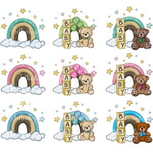 Teddy Bear Clipart, Cute Bear PNG, Baby Shower, Rainbow, Balloons, Digital Download