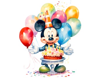 Clipart de cumpleaños de Mickey Mouse en acuarela (descarga digital)
