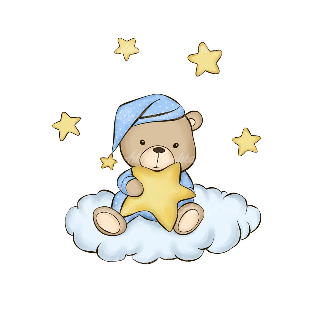 Teddy Bear Clipart, Bear on the Cloud PNG, Baby Shower, Digital ...