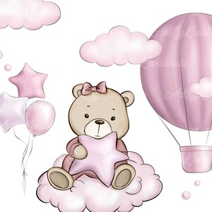 Teddy Bear Clipart, Teddy Bear PNG, Baby Shower Girl, Air Balloon PNG, Digital Download