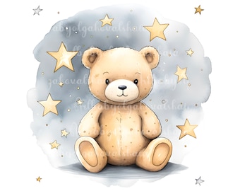 Acquerello Teddy Bear PNG, Stelle, Baby Shower Clipart, DOWNLOAD DIGITALE