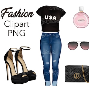 Fashion Clipart, PNG, Fashion Set, Planner Stickers Digital, Jeans PNG, Fashion Accessories Clipart, Digital Download