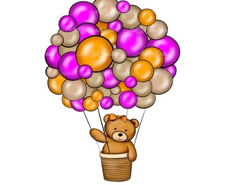 Teddy Bear Clipart, Air Balloon PNG, Baby Shower Girl, Digital Download ...