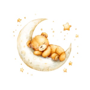 Teddy Bear PNG, Watercolor Cute Teddy Bear Clipart, Moon, Digital Download