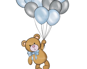 Teddy Bear with Balloons Clipart, Baby Shower PNG (Digital Download)