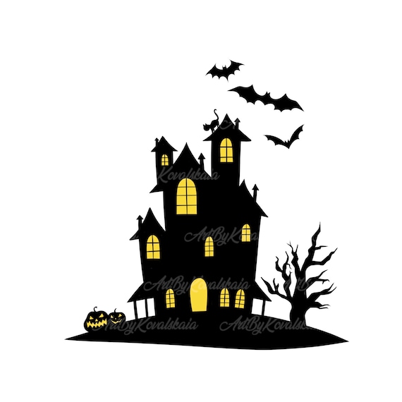 Haunted House PNG Halloween Clipart Bats Moon PNG Digital Etsy
