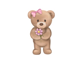 Teddy Bear Clipart, Cute Bear with flower PNG, Baby Shower Girl, Digital Download