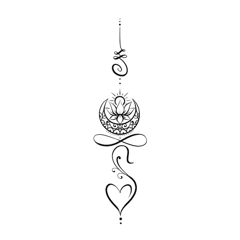 Pu&ograve; includere: Un'illustrazione in bianco e nero di un fiore di loto stilizzato all'interno di una luna crescente, con un simbolo di infinito sotto. Il design &egrave; incorniciato da una serie di punti e un vortice in alto.