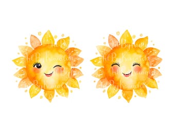 Akwarela słońce PNG Clipart, Letni Clip Art, POBIERANIE CYFROWE
