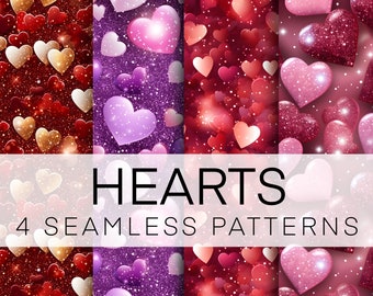 4 Seamless Hearts Patterns, Valentines Day, Love Hearts, Digital Paper Bundle, Instant Download