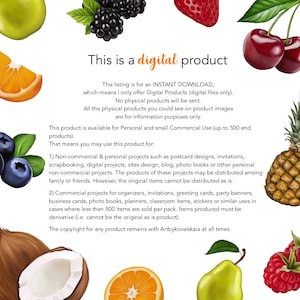 May include: A digital product listing with text explaining that this is a digital download, not a physical product. The text also states that the product is available for personal and small commercial use up to 500 end products. The image is decorated with colorful fruit and flower illustrations.
