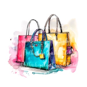 Mode-Illustration, Aquarell Einkaufstaschen Clipart PNG, Handtaschen, Mode-Accessoires, DIGITAL DOWNLOAD