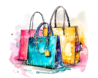 Fashion Illustration, Watercolor Shopping Bags Clipart PNG, Handbags, Fashion Accessories, DIGITAL DOWNLOAD