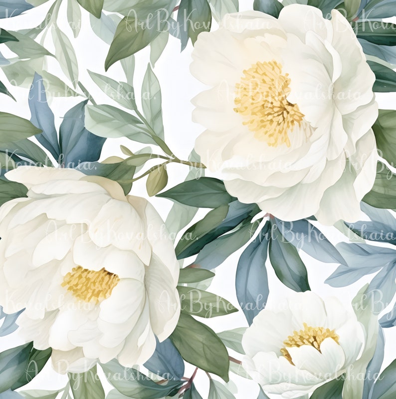 3 Seamless Pattern, Watercolor White Peonies Digital Paper Bundle ...