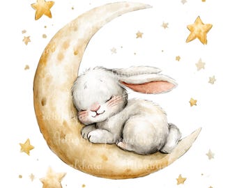 Aquarell Hase Clipart: Schlafendes Kaninchen auf Mond (Digitaler Download)