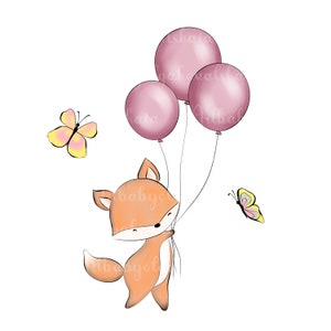 Fox Clipart PNG, Słodki Fox, Różowe Balony, Baby Shower Dziewczyna, Pobieranie Cyfrowe