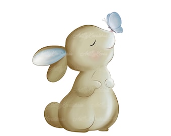May include: A light brown bunny with closed eyes looks up at a light blue butterfly with its wings open.