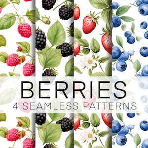 Seamless Pattern Berries, Watercolor Berries Digital Paper, Strawberry, Raspberry, Blueberry, Blackberry, Digital Download