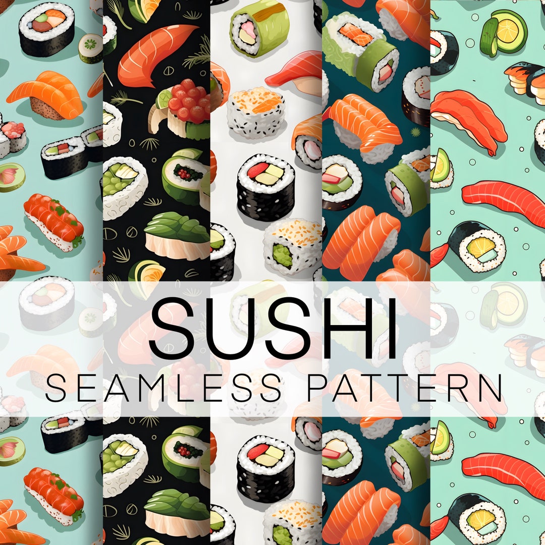 Sushi Box Pattern 5 Seamless Patterns, Sushi Digital Paper Bundle, Food Wrap, Instant ...