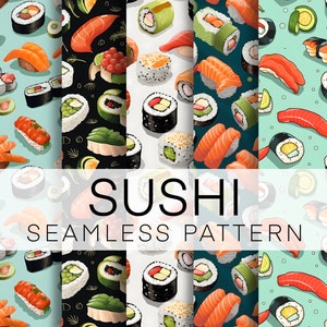 5 Seamless Patterns, Sushi Digital Paper Bundle, Food Wrap, Instant Download